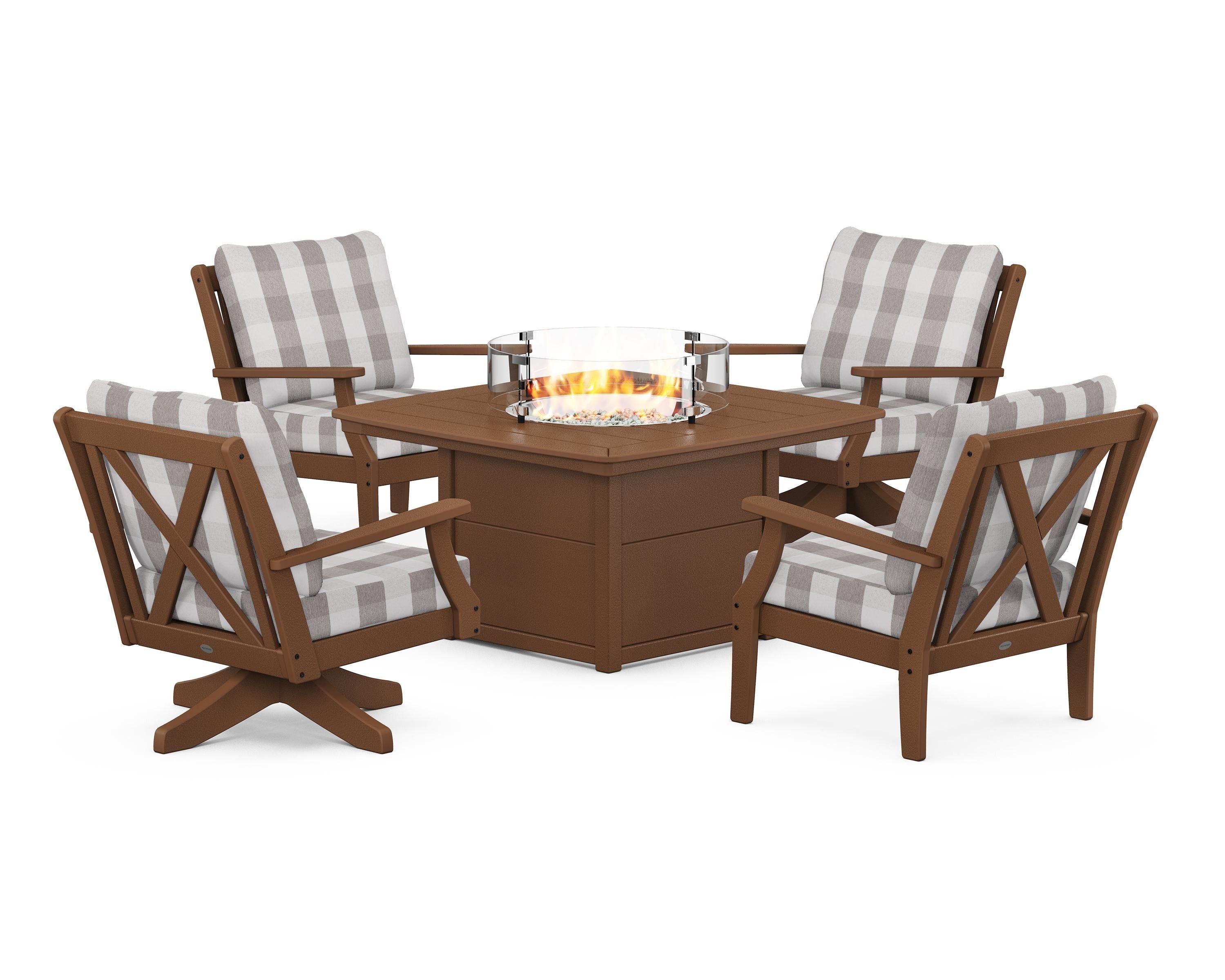 POLYWOOD® Braxton 5-Piece Deep Seating Set with Fire Table in Teak / Buffalo Plaid Grey Mist