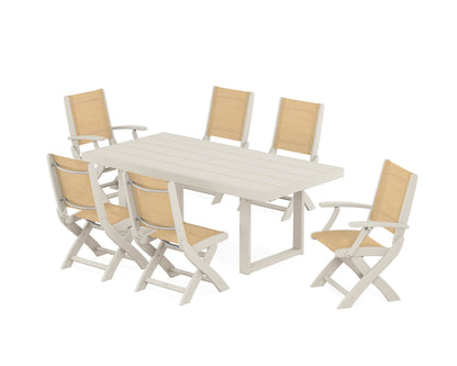 POLYWOOD® Coastal Folding Chair 7-Piece Dining Set with Trestle Legs in Sand / Dupioni Apricot Sling