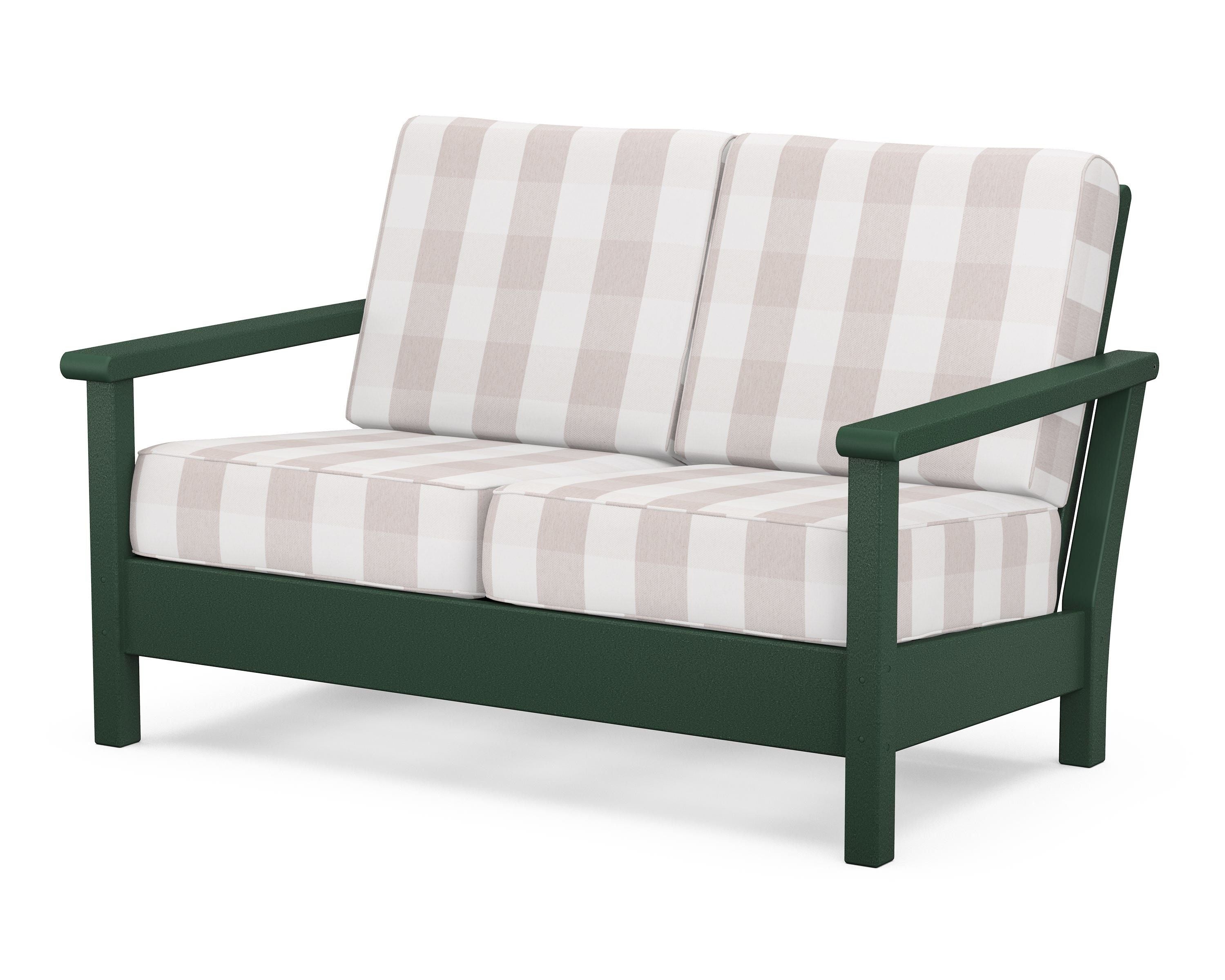 POLYWOOD® Harbour Deep Seating Loveseat in Green / Buffalo Plaid Dune Burlap