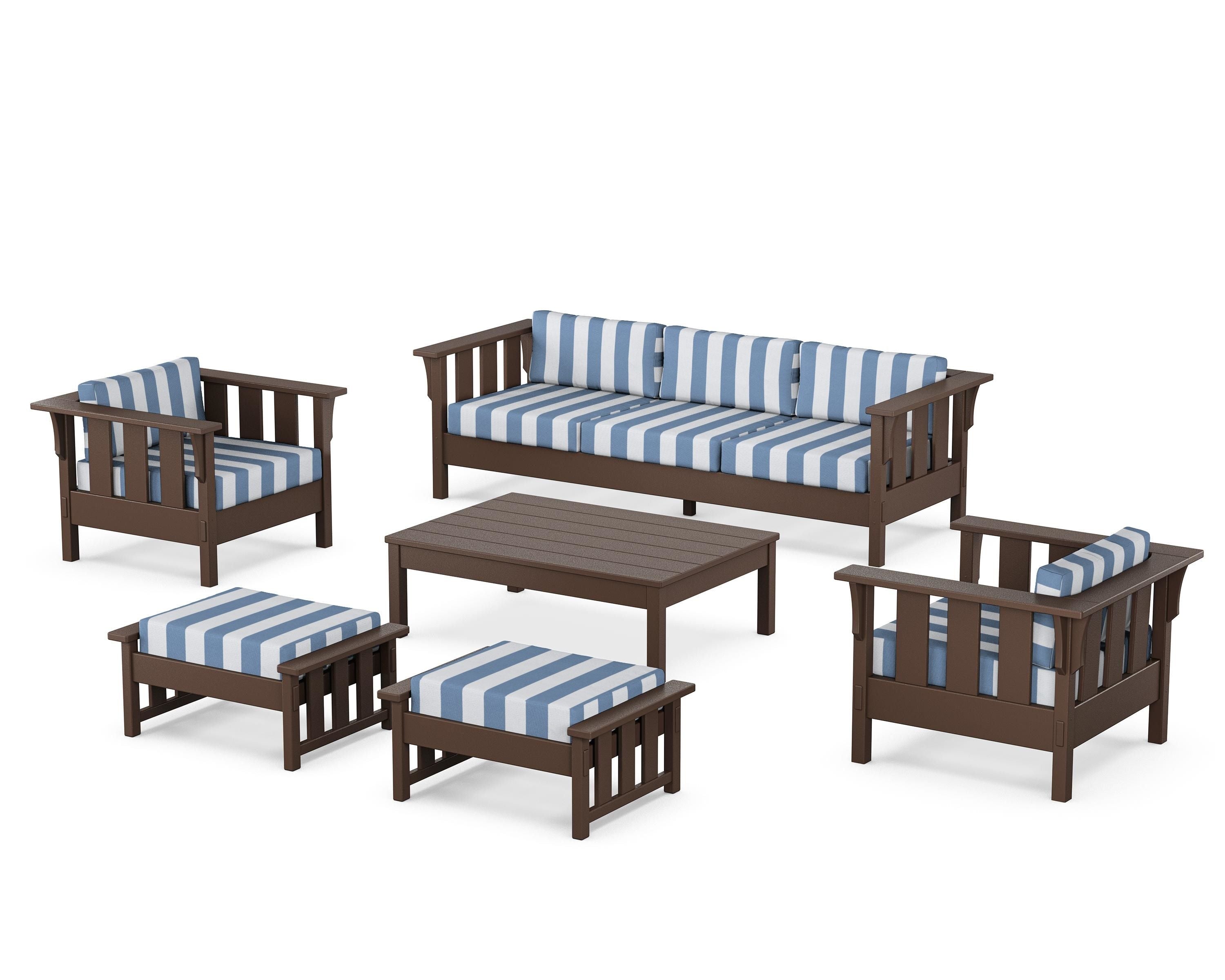 Martha Stewart by POLYWOOD® Acadia 6-Piece Lounge Sofa Set in Mahogany / Cabana Stripe Sky Blue