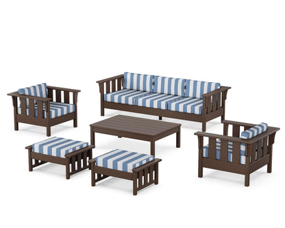 Martha Stewart by POLYWOOD® Acadia 6-Piece Lounge Sofa Set in Mahogany / Cabana Stripe Sky Blue