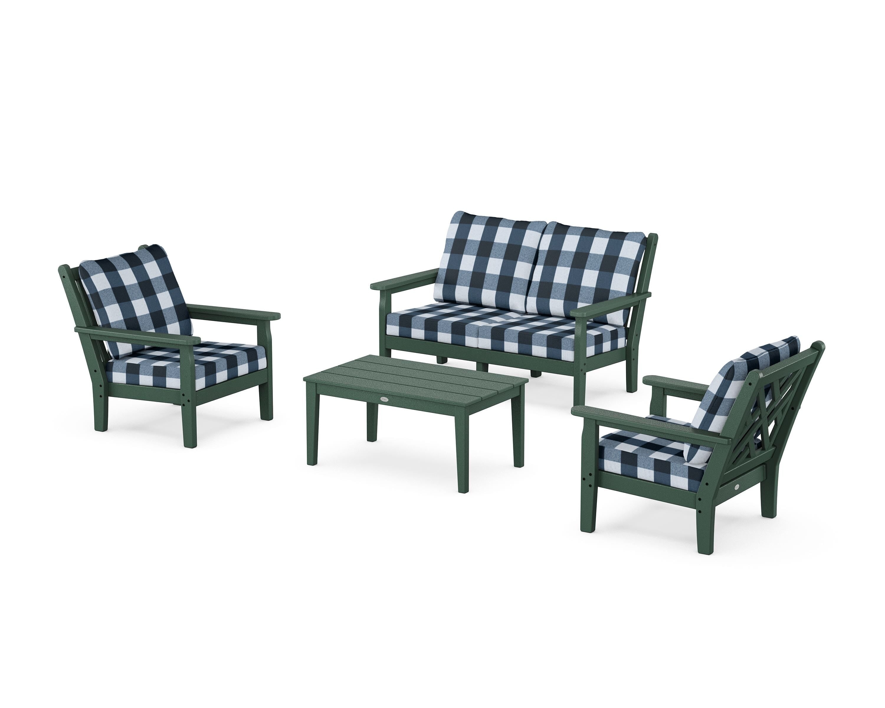 POLYWOOD® Chippendale 4-Piece Deep Seating Set with Loveseat in Green / Buffalo Plaid Marine Indigo