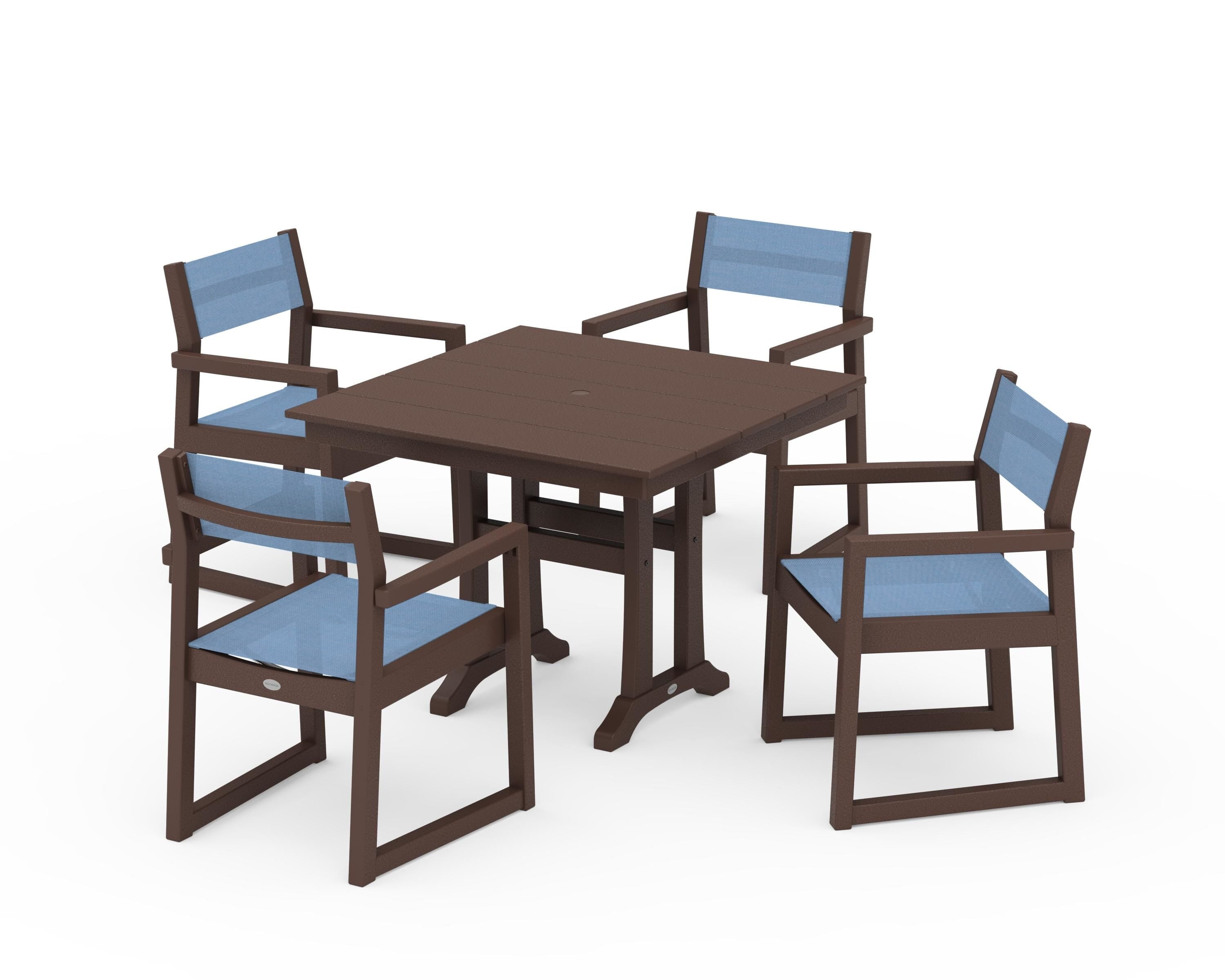 POLYWOOD® EDGE Sling 5-Piece Farmhouse Dining Set with Trestle Legs in Mahogany / Poolside Sling