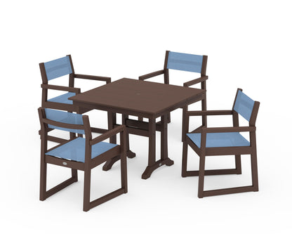 POLYWOOD® EDGE Sling 5-Piece Farmhouse Dining Set with Trestle Legs in Mahogany / Poolside Sling