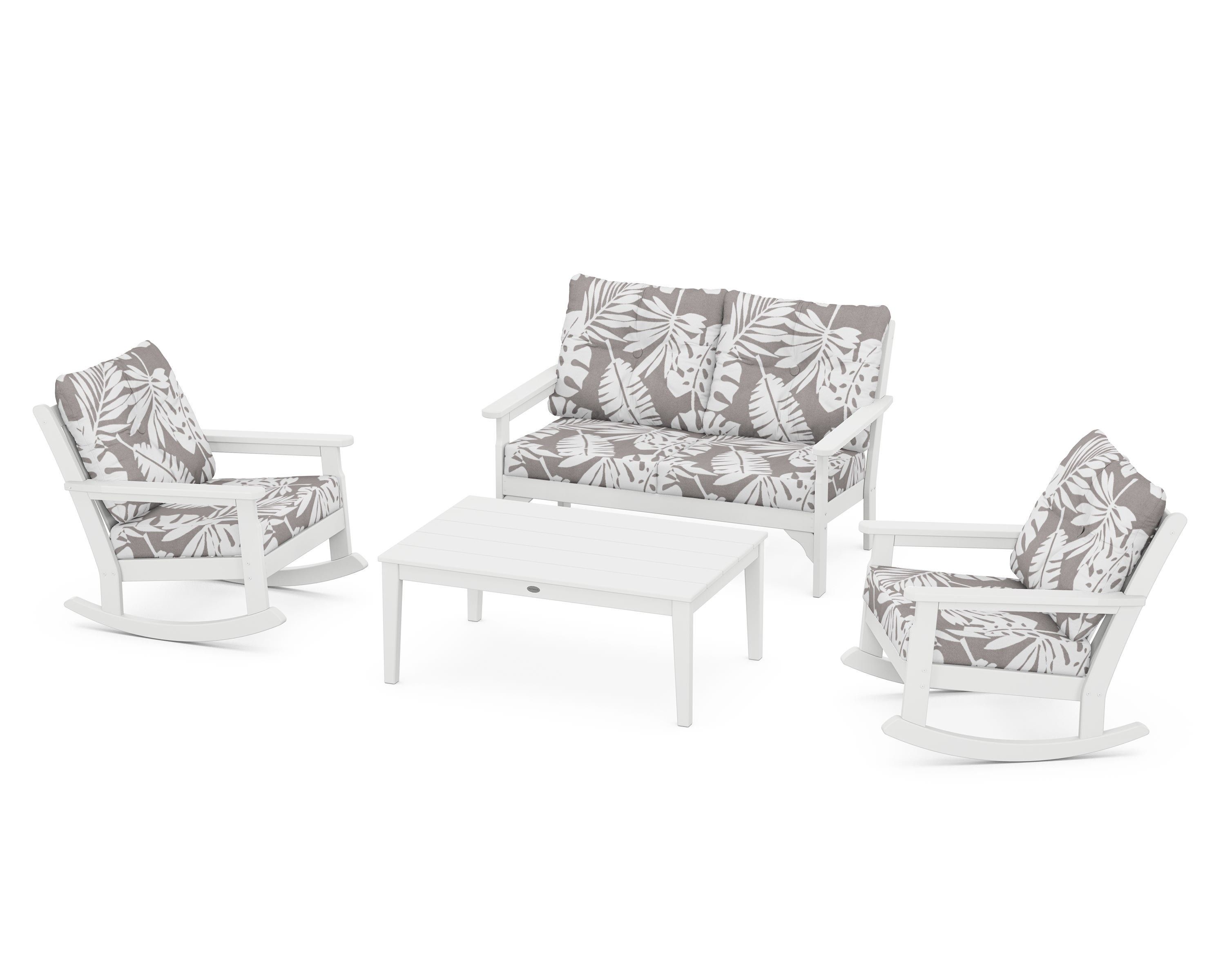 POLYWOOD® Vineyard 4-Piece Deep Seating Rocking Chair Set in White / Leaf Grey Mist