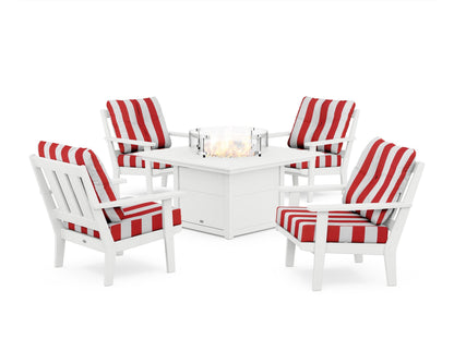 POLYWOOD® Oxford 5-Piece Deep Seating Set with Fire Pit Table in White / Cabana Stripe Crimson