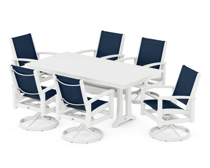 POLYWOOD® 7 Piece Coastal Swivel Rocker Dining Set in Satin White / White / Navy Blue Sling
