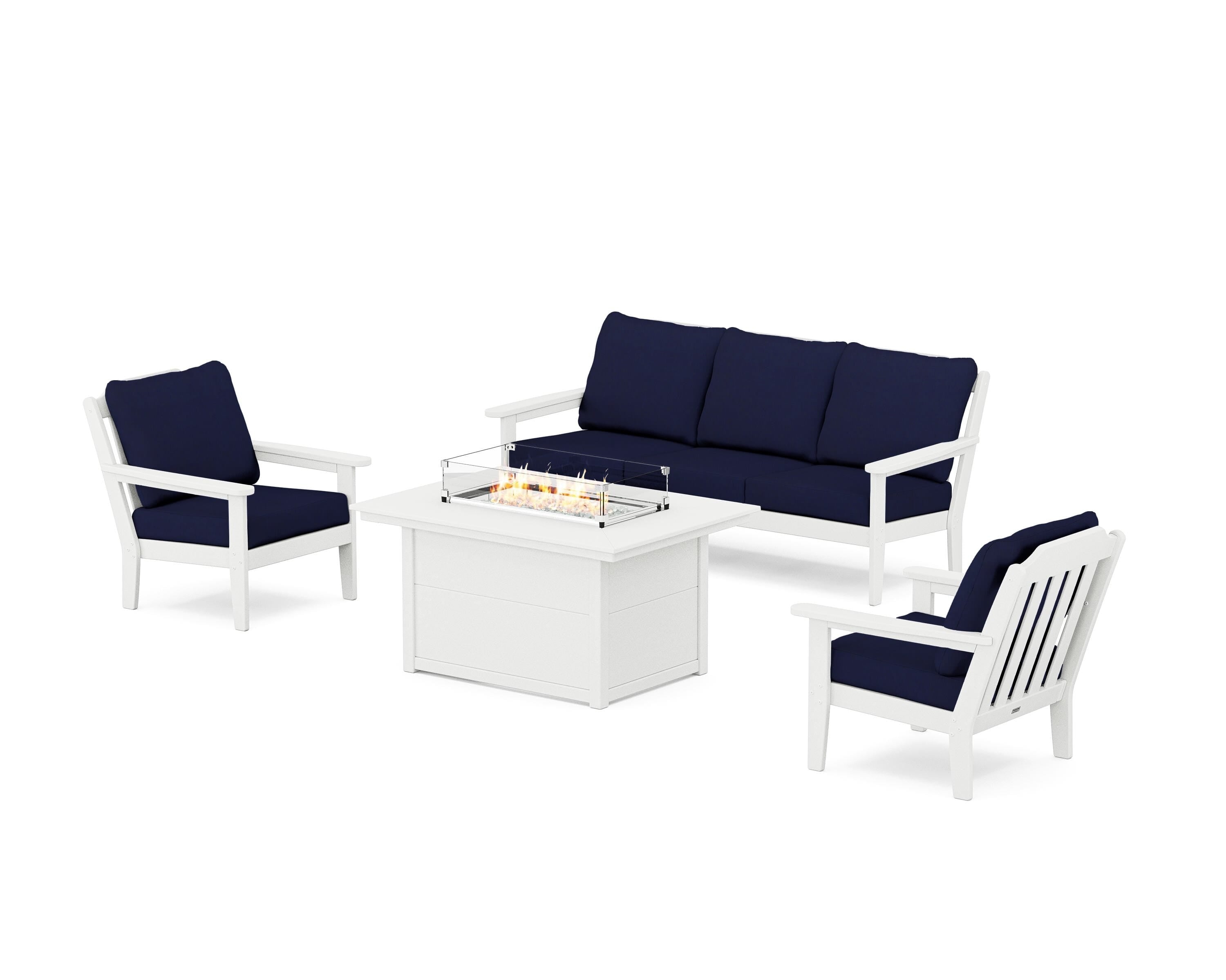 Country Living Cottage Deep Seating Fire Pit Table Set in White / Navy