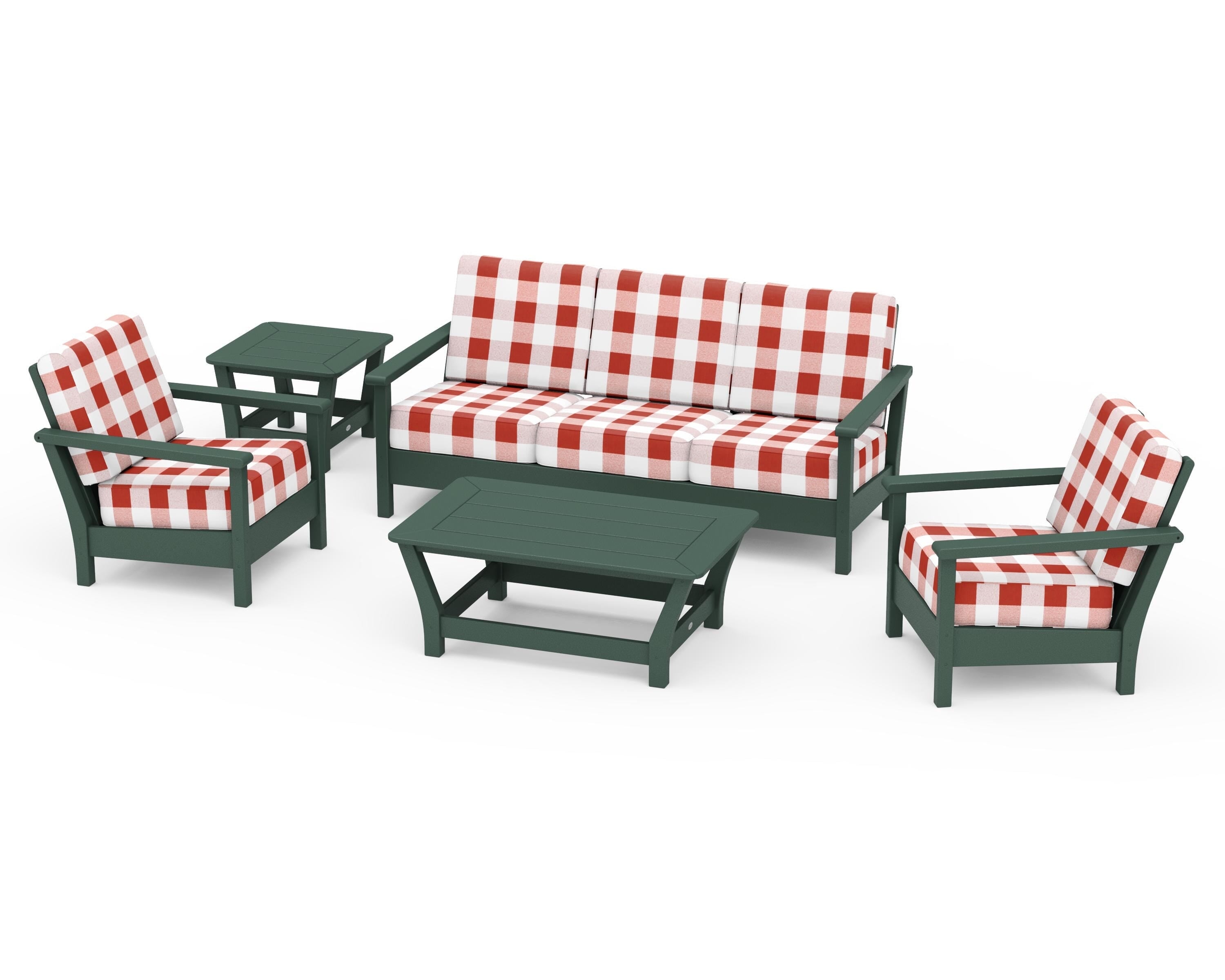 POLYWOOD® Harbour 5-Piece Deep Seating Set in Green / Buffalo Plaid Crimson