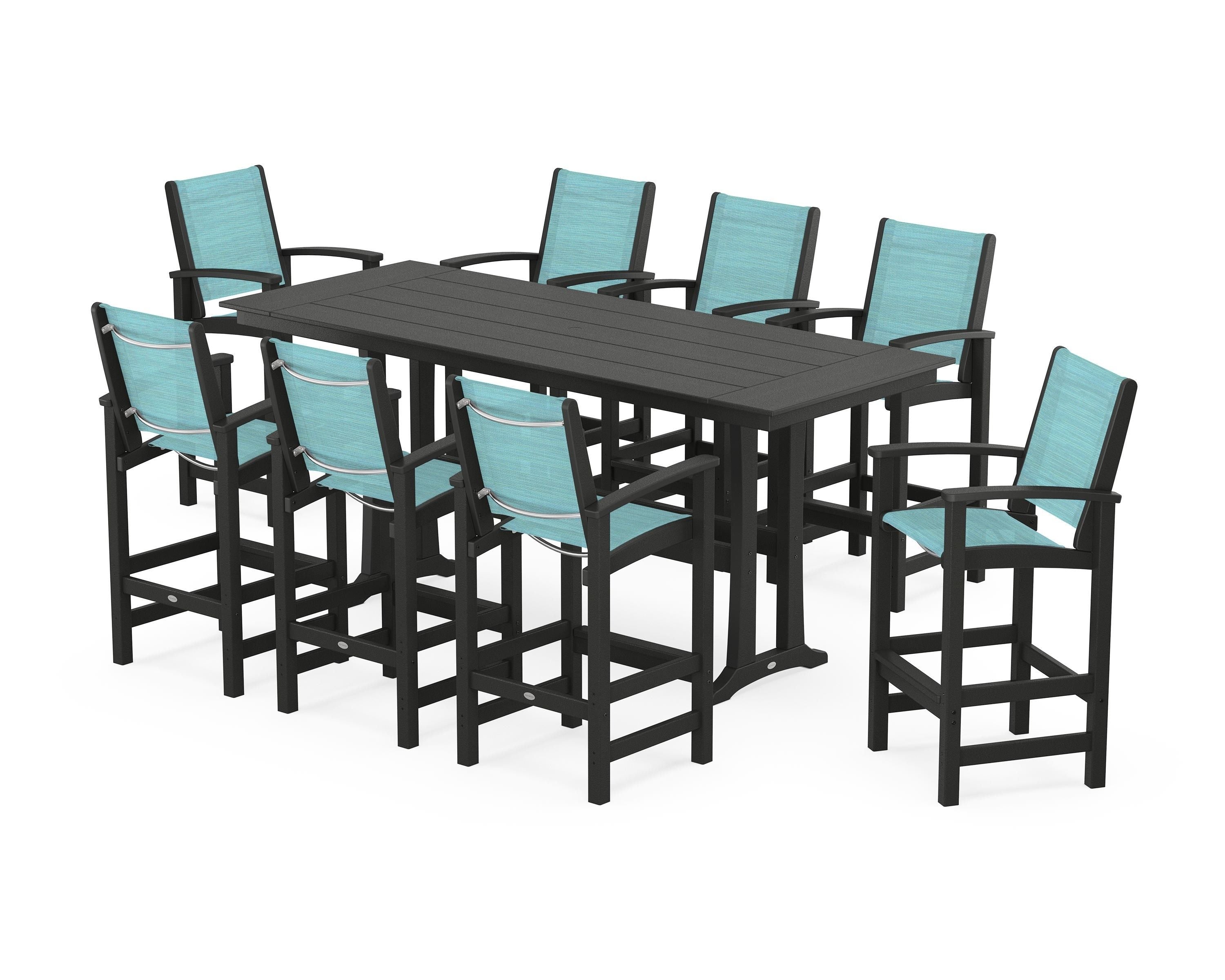 POLYWOOD® Coastal 9-Piece Farmhouse Bar Set with Trestle Legs in Black / Dupioni Aquamarine Sling