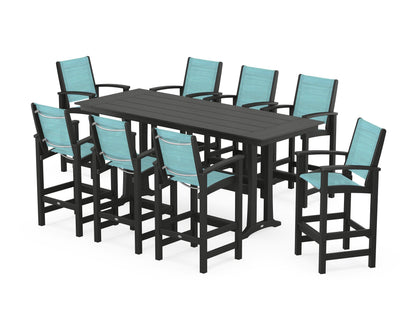 POLYWOOD® Coastal 9-Piece Farmhouse Bar Set with Trestle Legs in Black / Dupioni Aquamarine Sling