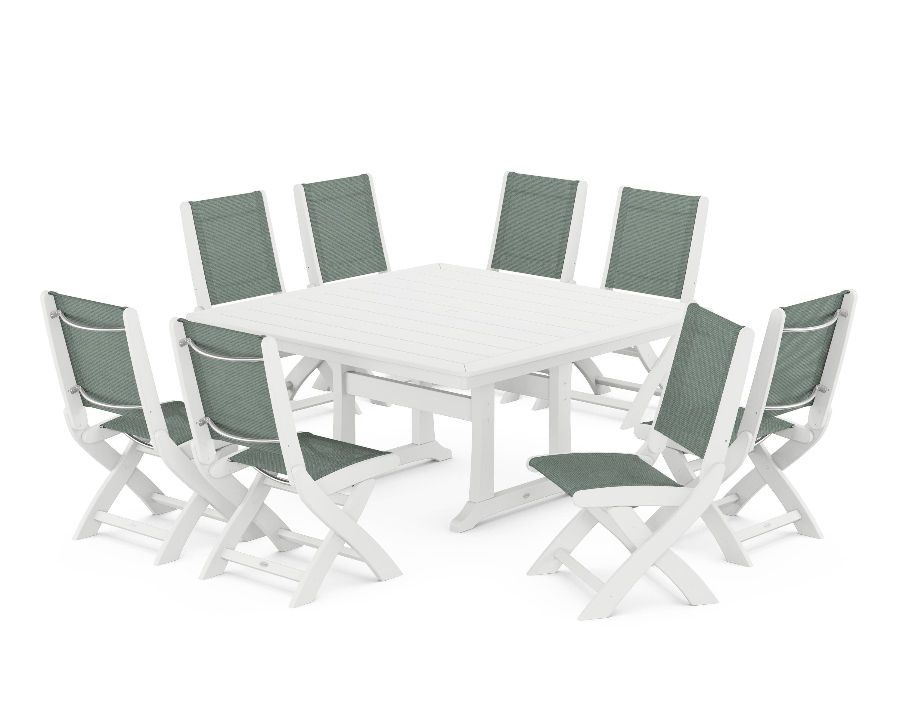 POLYWOOD® Coastal Folding Side Chair 9-Piece Dining Set with Trestle Legs in White / Dupioni Sea Mist Sling