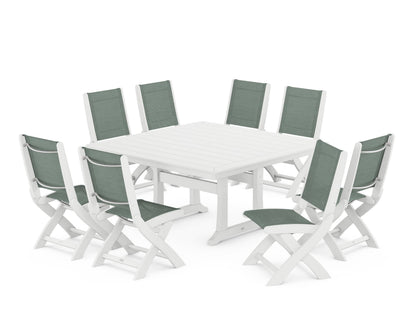 POLYWOOD® Coastal Folding Side Chair 9-Piece Dining Set with Trestle Legs in White / Dupioni Sea Mist Sling