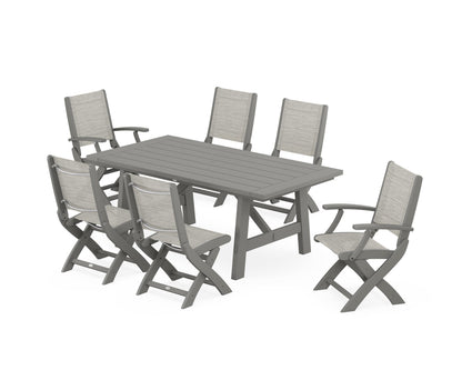 POLYWOOD® Coastal Folding Chair 7-Piece Rustic Farmhouse Dining Set in Slate Grey / Birch Sling