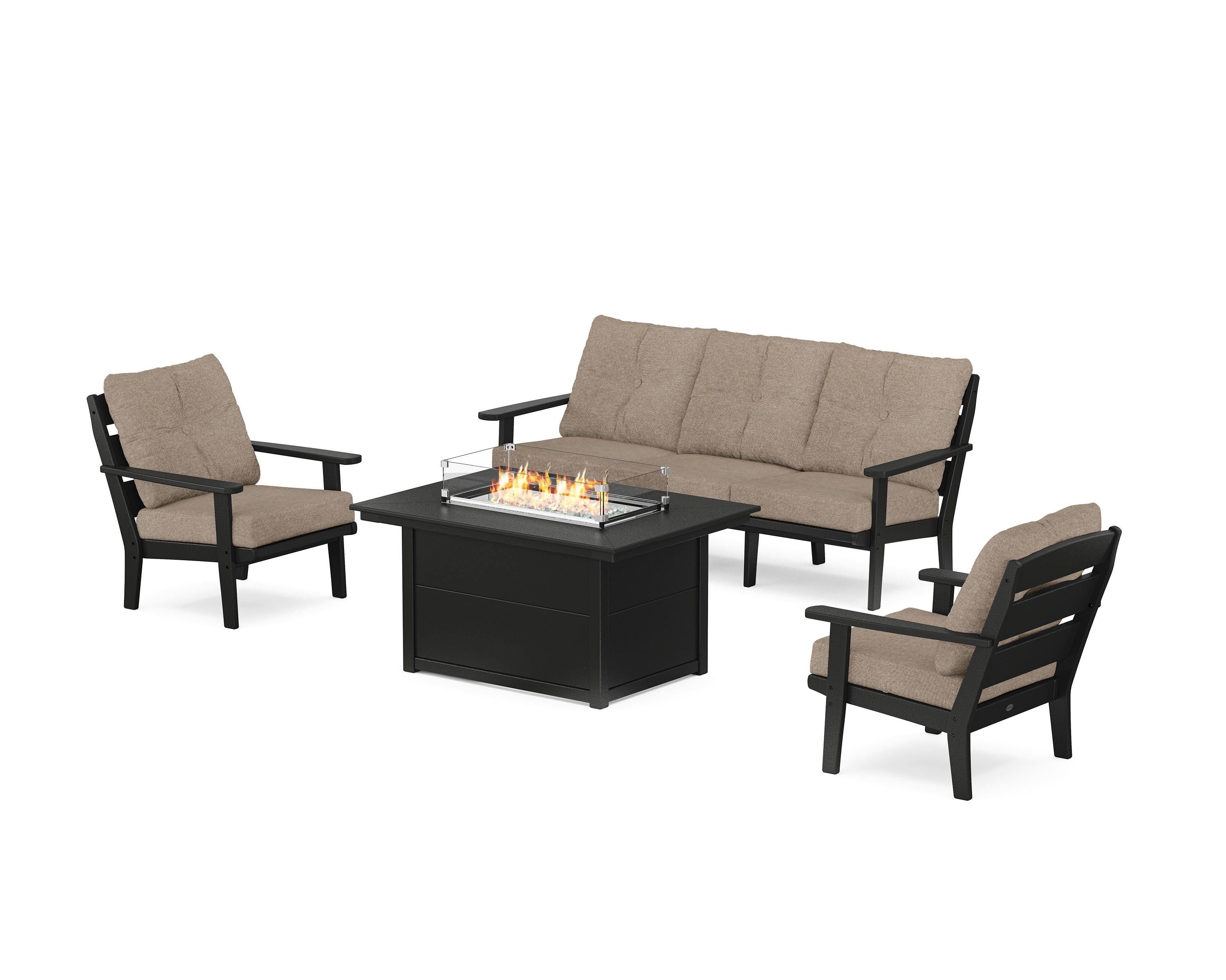 POLYWOOD® Lakeside Deep Seating Fire Pit Table Set in Black / Spiced Burlap