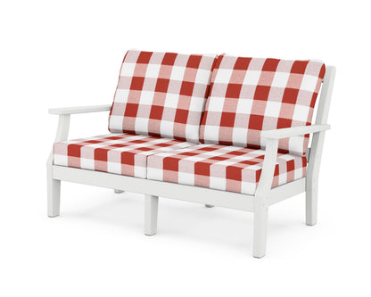 Martha Stewart by POLYWOOD® Chinoiserie Deep Seating Loveseat in White / Buffalo Plaid Crimson