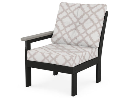 POLYWOOD® Vineyard Modular Left Arm Chair in Black / Driftwood / Trellis Dune Burlap