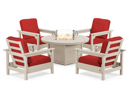 POLYWOOD® Club 5-Piece Conversation Set with Fire Pit Table in Sand / Crimson Linen