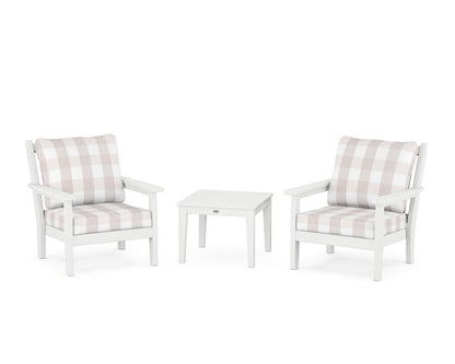POLYWOOD® Chippendale 3-Piece Deep Seating Set in White / Buffalo Plaid Dune Burlap