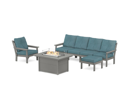 POLYWOOD® Vineyard Sectional Lounge and Fire Pit Set in Slate Grey / Ocean Teal