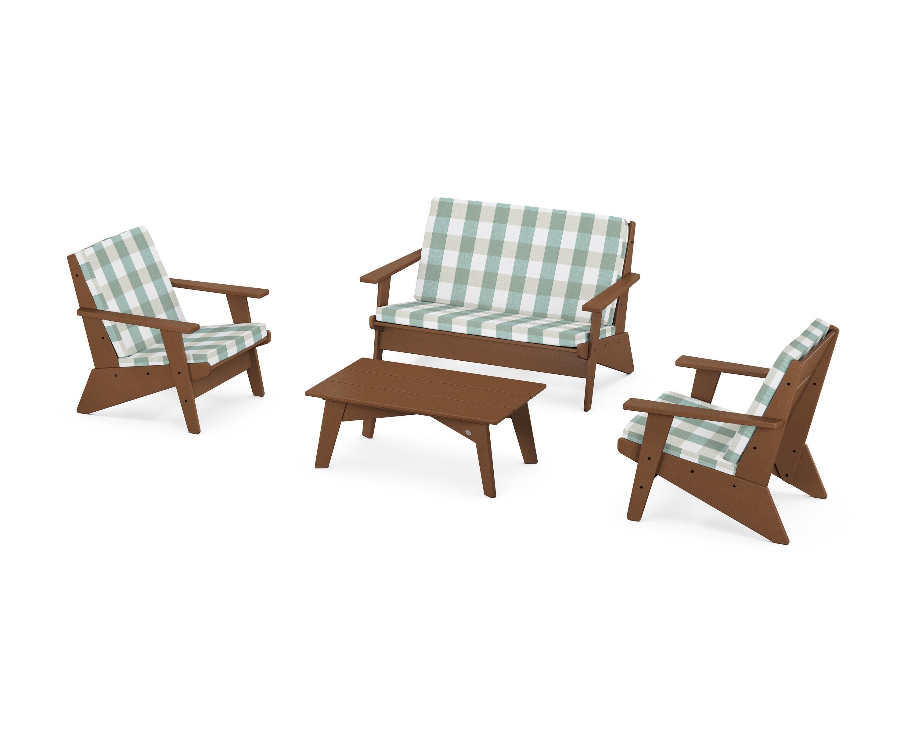 POLYWOOD® Riviera Modern Lounge 4-Piece Set in Teak / Buffalo Plaid Glacier Spa