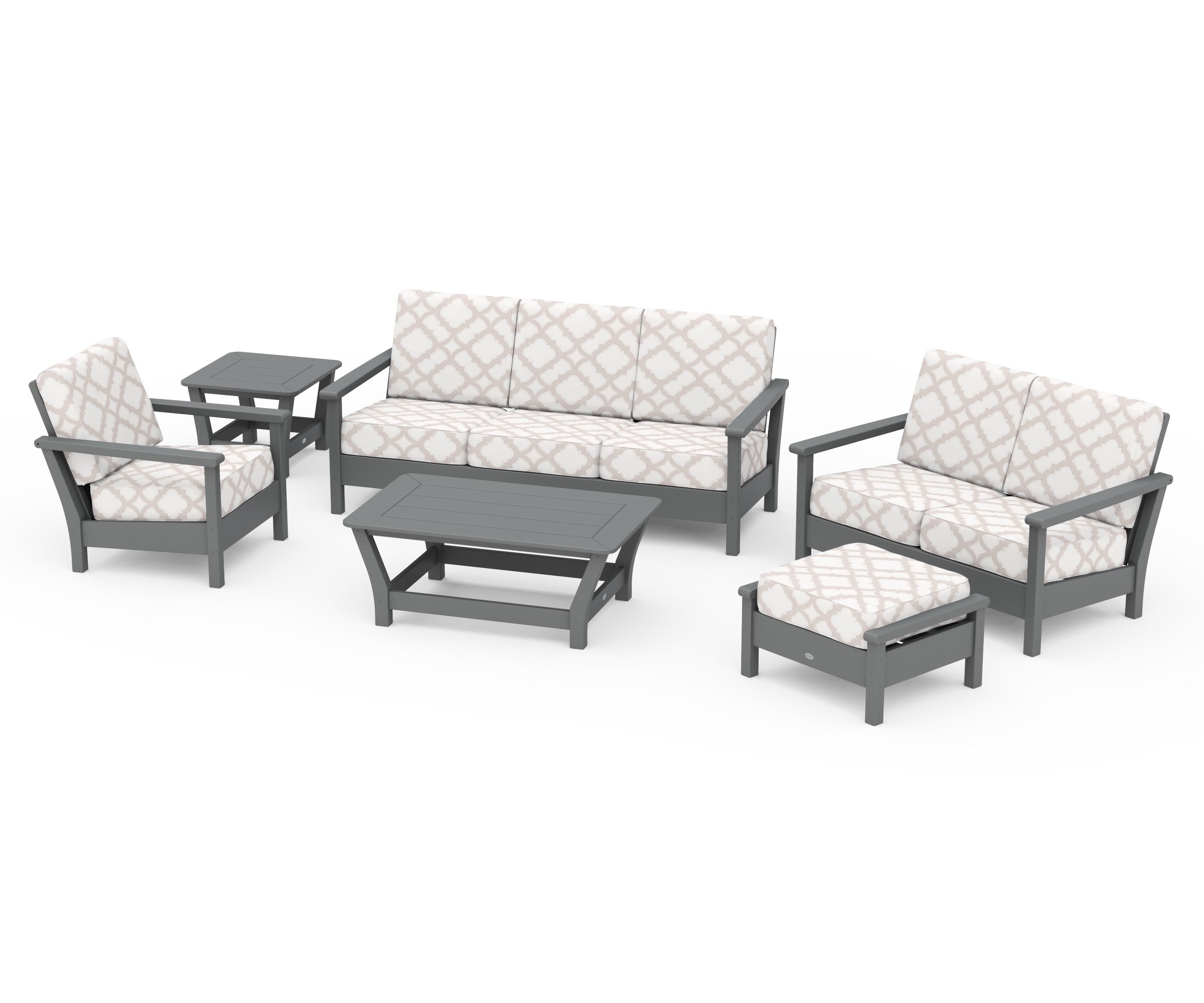POLYWOOD® Harbour 6-Piece Outdoor Living Set in Slate Grey / Trellis Dune Burlap