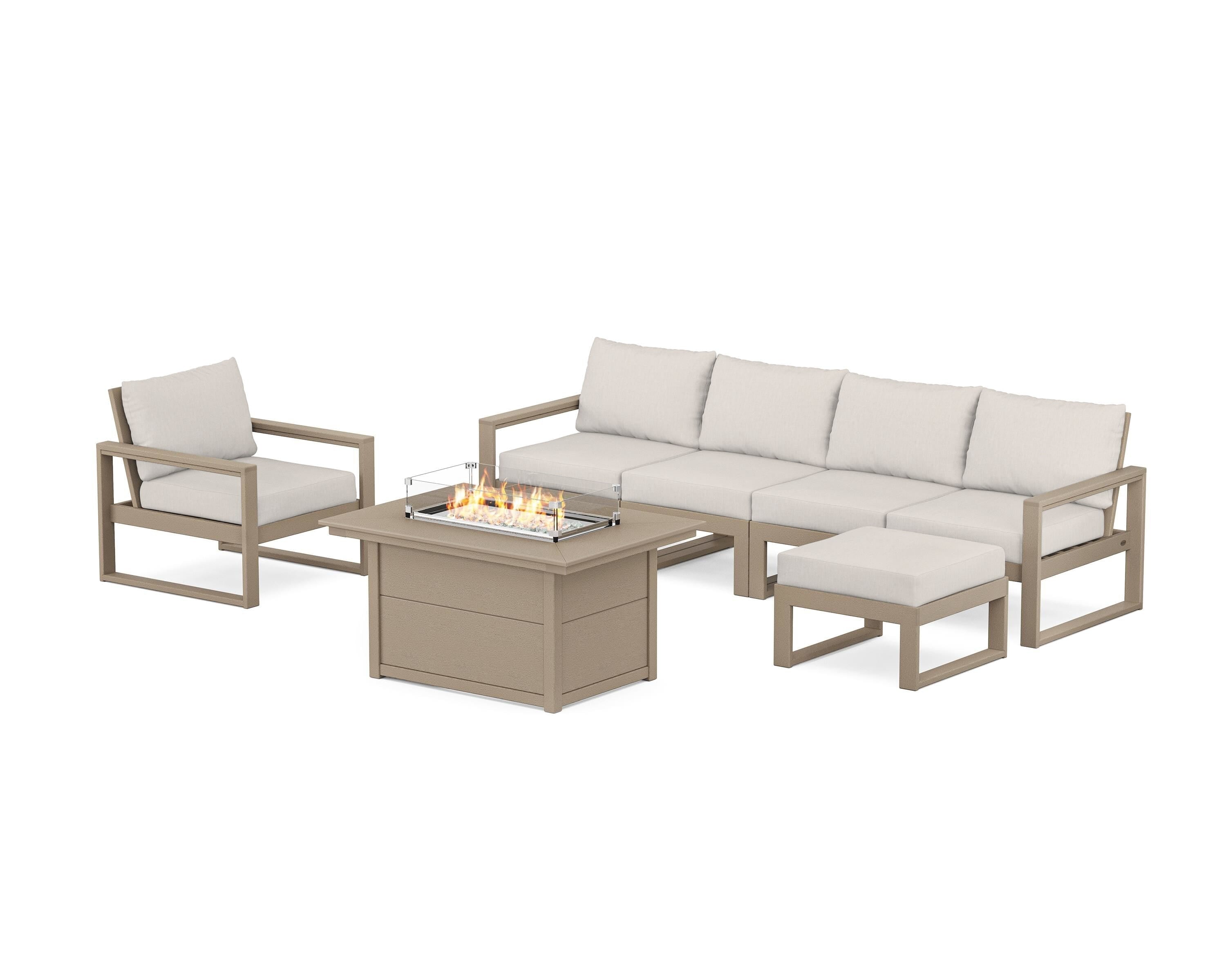 POLYWOOD® EDGE Sectional Lounge and Fire Pit Set in Vintage Sahara / Cast Ash