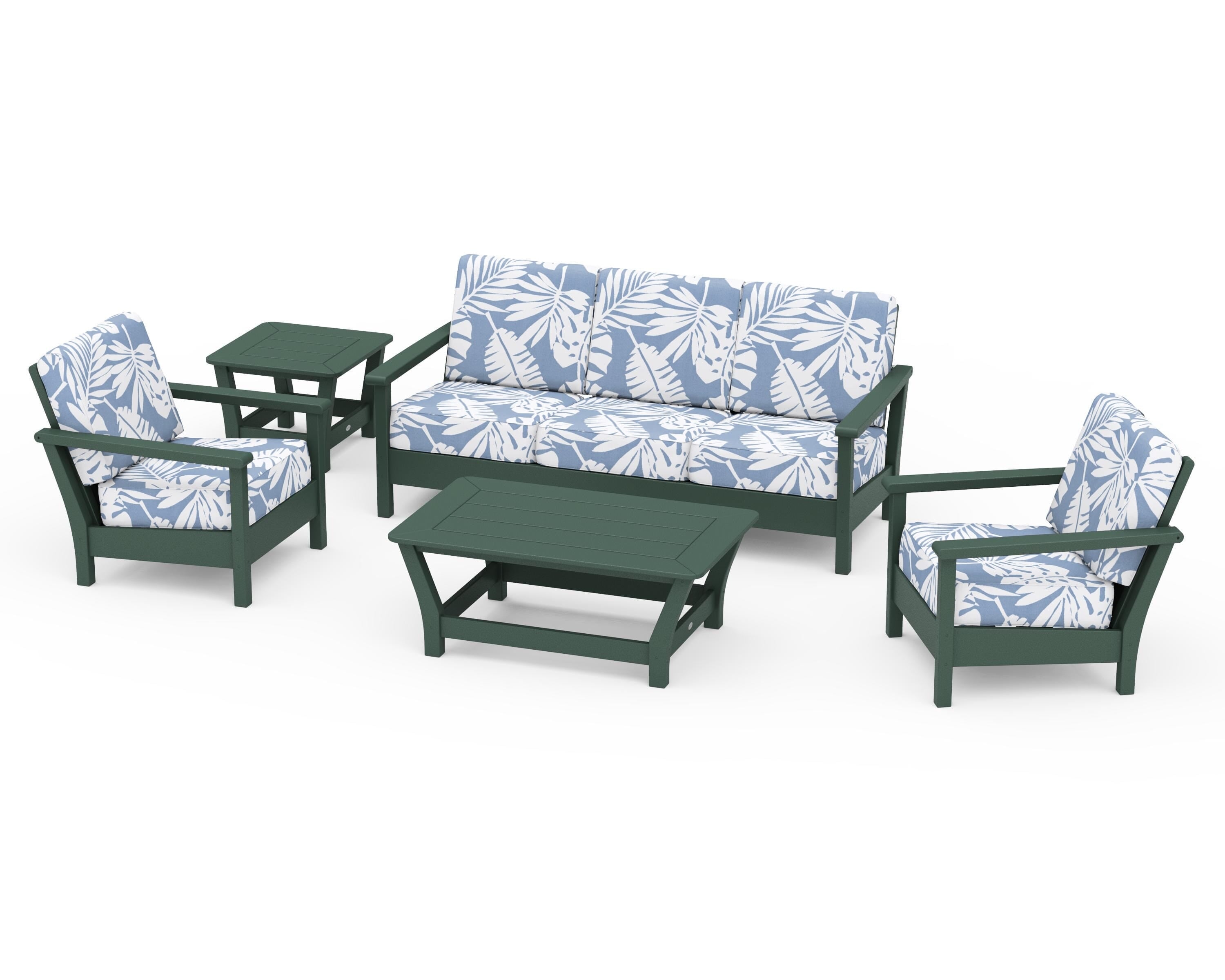 POLYWOOD® Harbour 5-Piece Deep Seating Set in Green / Leaf Sky Blue