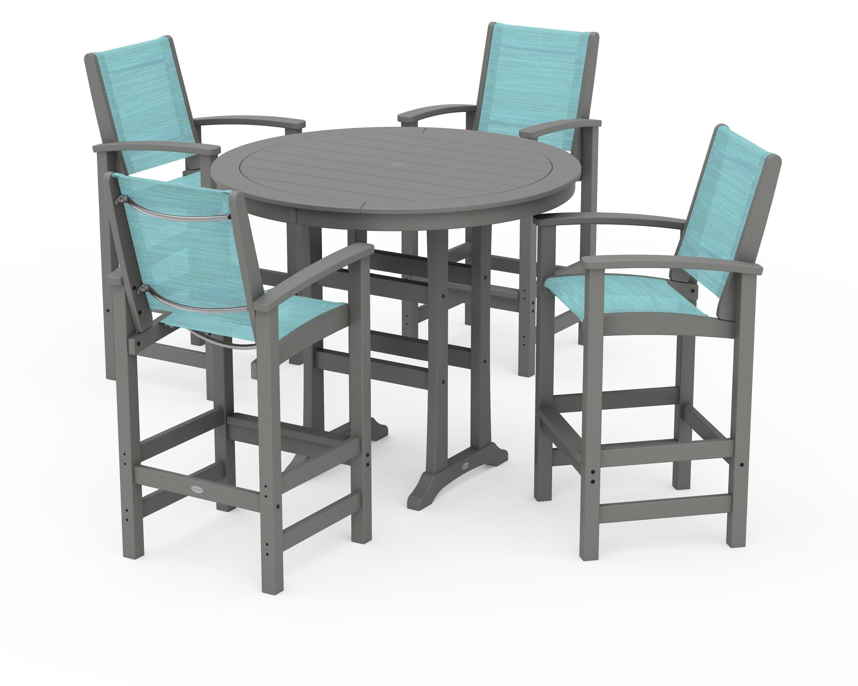 POLYWOOD® Coastal 5-Piece Nautical Trestle Bar Set in Slate Grey / Dupioni Aquamarine Sling
