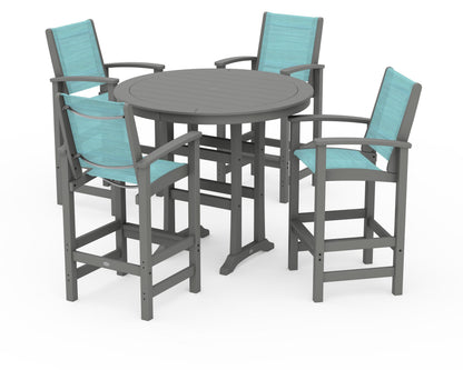 POLYWOOD® Coastal 5-Piece Nautical Trestle Bar Set in Slate Grey / Dupioni Aquamarine Sling