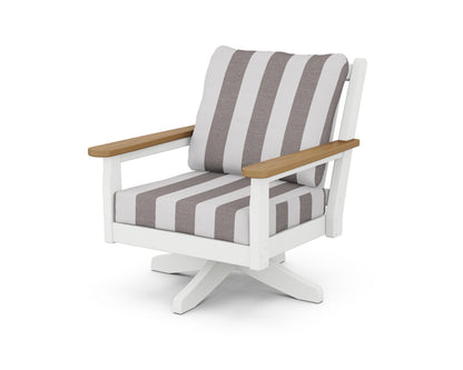 POLYWOOD® Chippendale Deep Seating Swivel Chair in White / Natural / Cabana Stripe Grey Mist