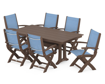 POLYWOOD® Coastal Folding Arm Chair 7-Piece Farmhouse Dining Set with Trestle Legs in Mahogany / Poolside Sling