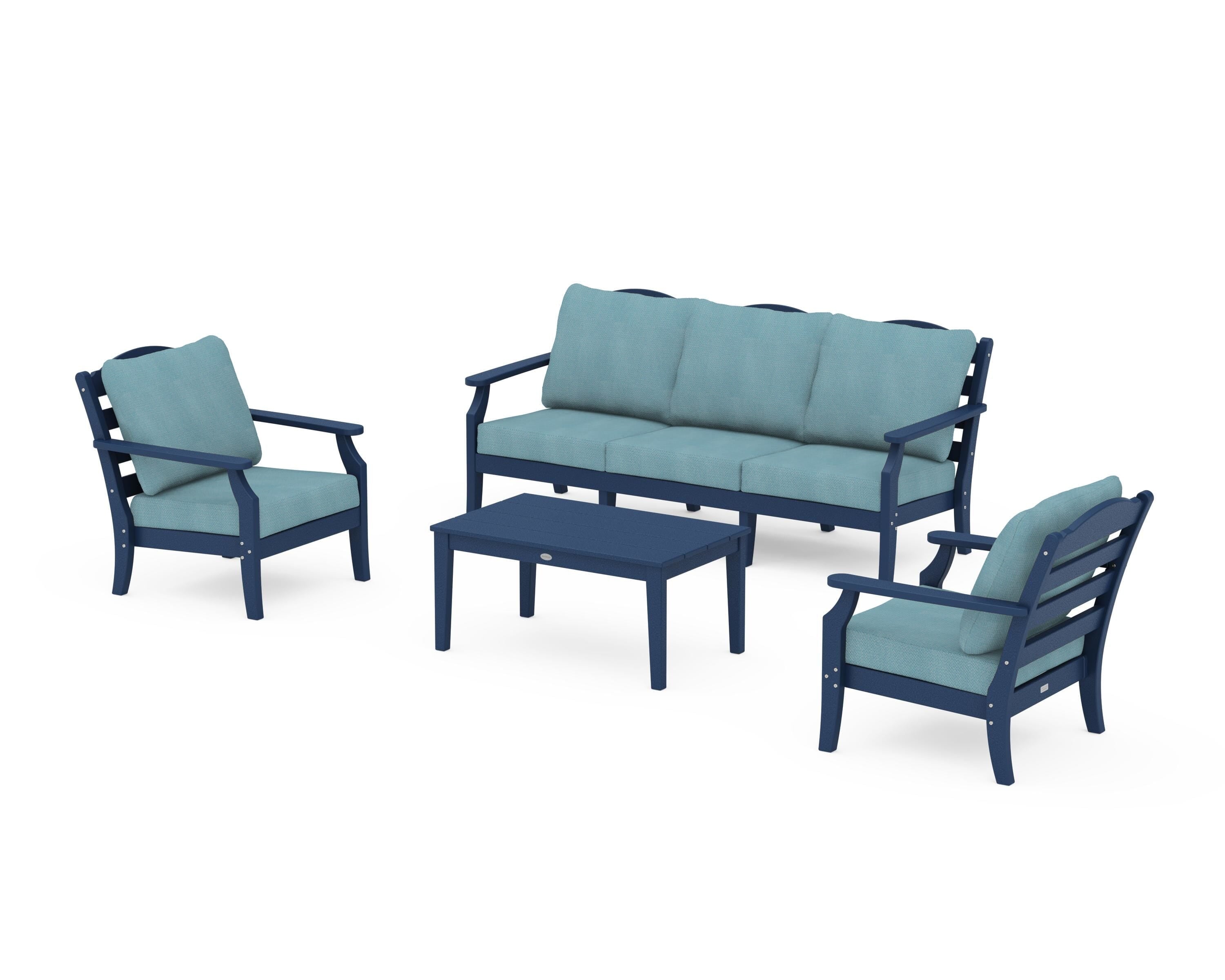 Draper James™ by  POLYWOOD® Savannah 4-Piece Deep Seating Set with Sofa in Navy / Lattice Sky Blue