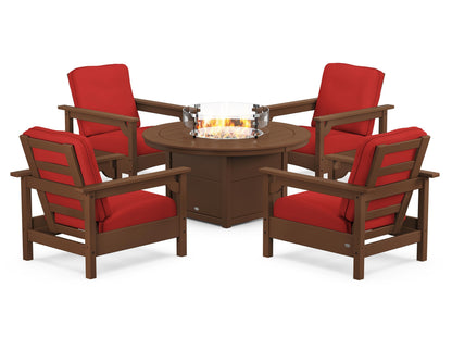 POLYWOOD® Club 5-Piece Conversation Set with Fire Pit Table in Teak / Crimson Linen