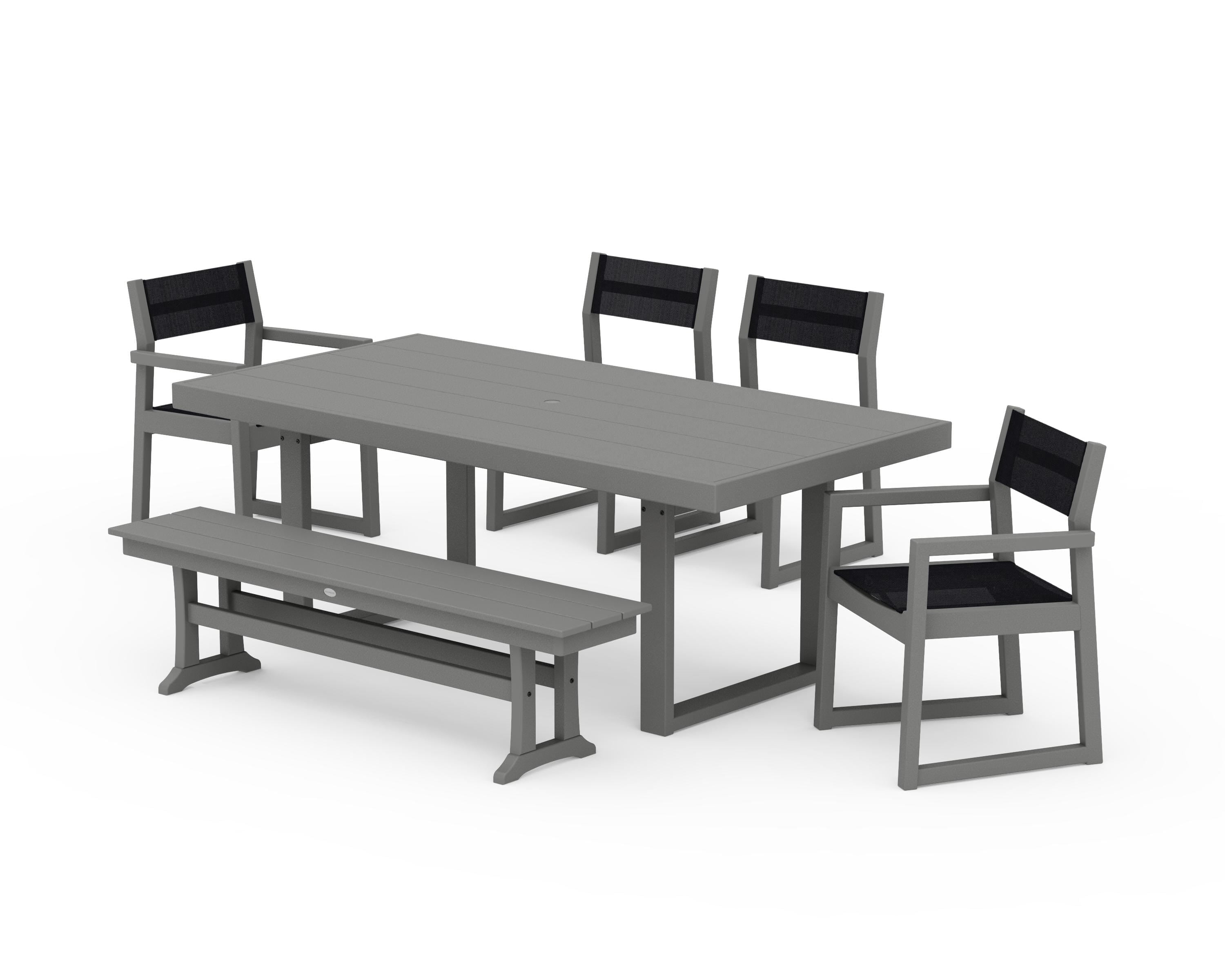 POLYWOOD® EDGE Sling 6-Piece Dining Set with Bench in Slate Grey / Black Sling