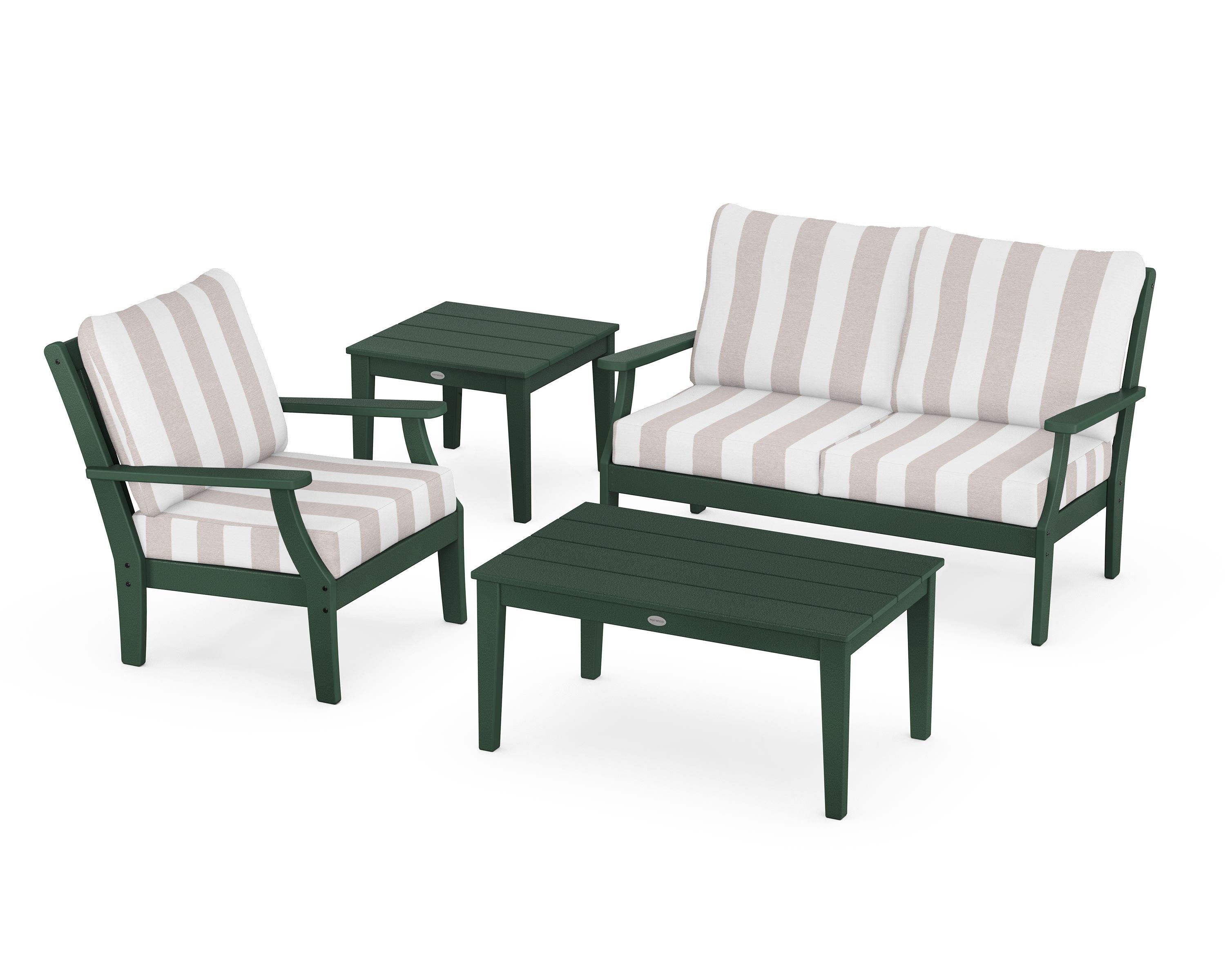 POLYWOOD® Braxton 4-Piece Deep Seating Set in Green / Cabana Stripe Dune Burlap