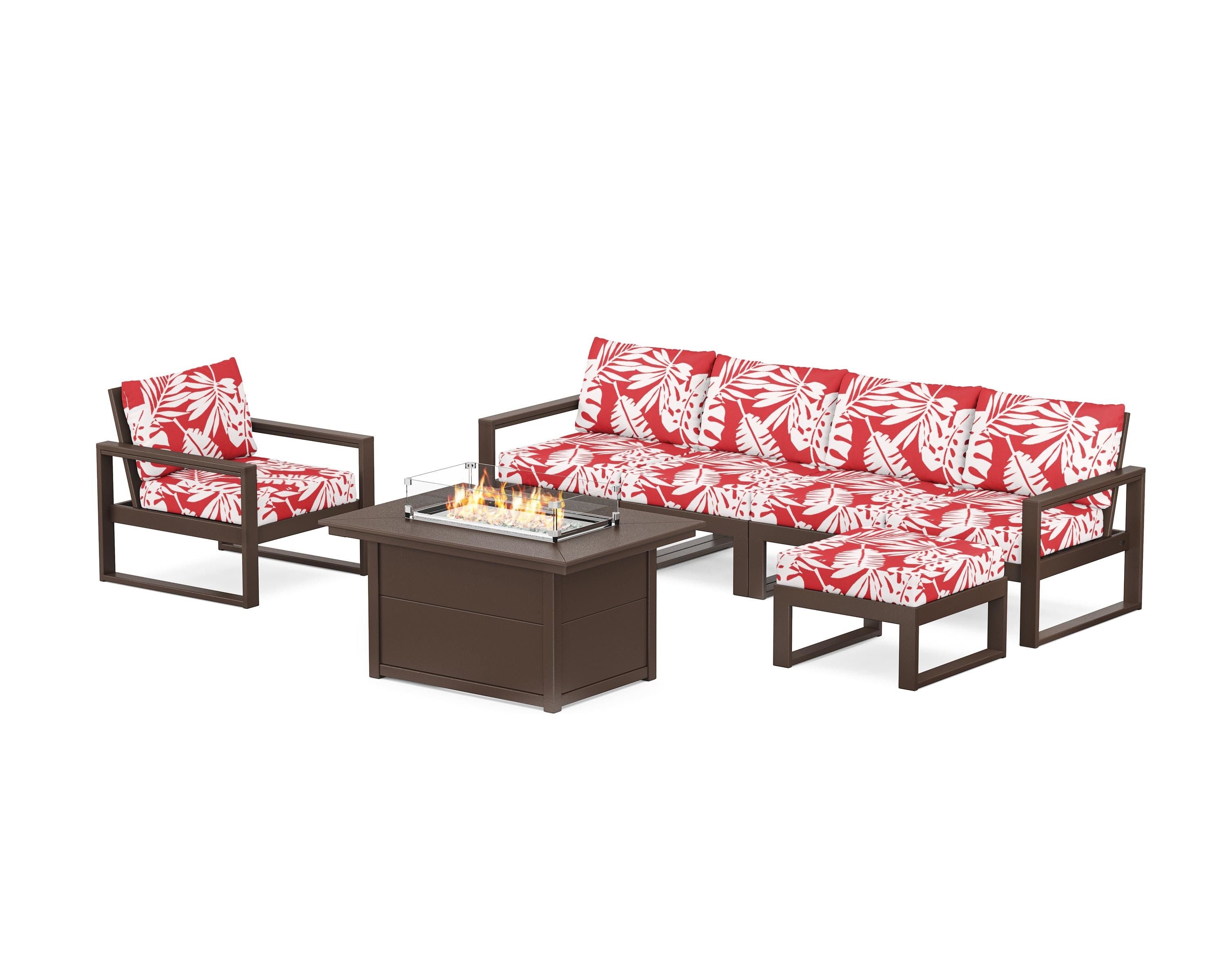 POLYWOOD® EDGE Sectional Lounge and Fire Pit Set in Mahogany / Leaf Crimson