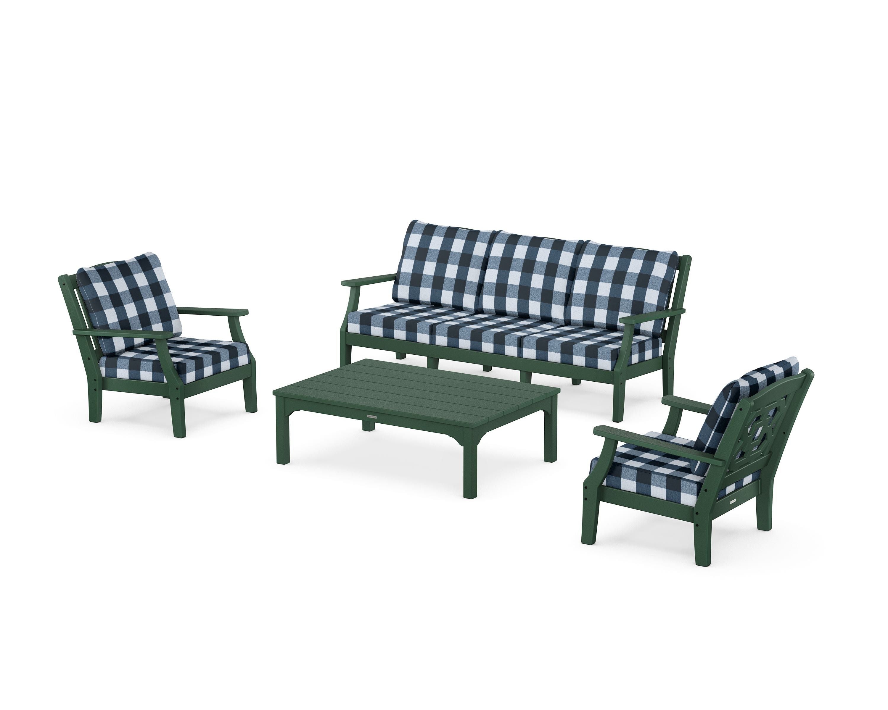 Martha Stewart by POLYWOOD® Chinoiserie 4-Piece Deep Seating Set with Sofa in Green / Buffalo Plaid Marine Indigo