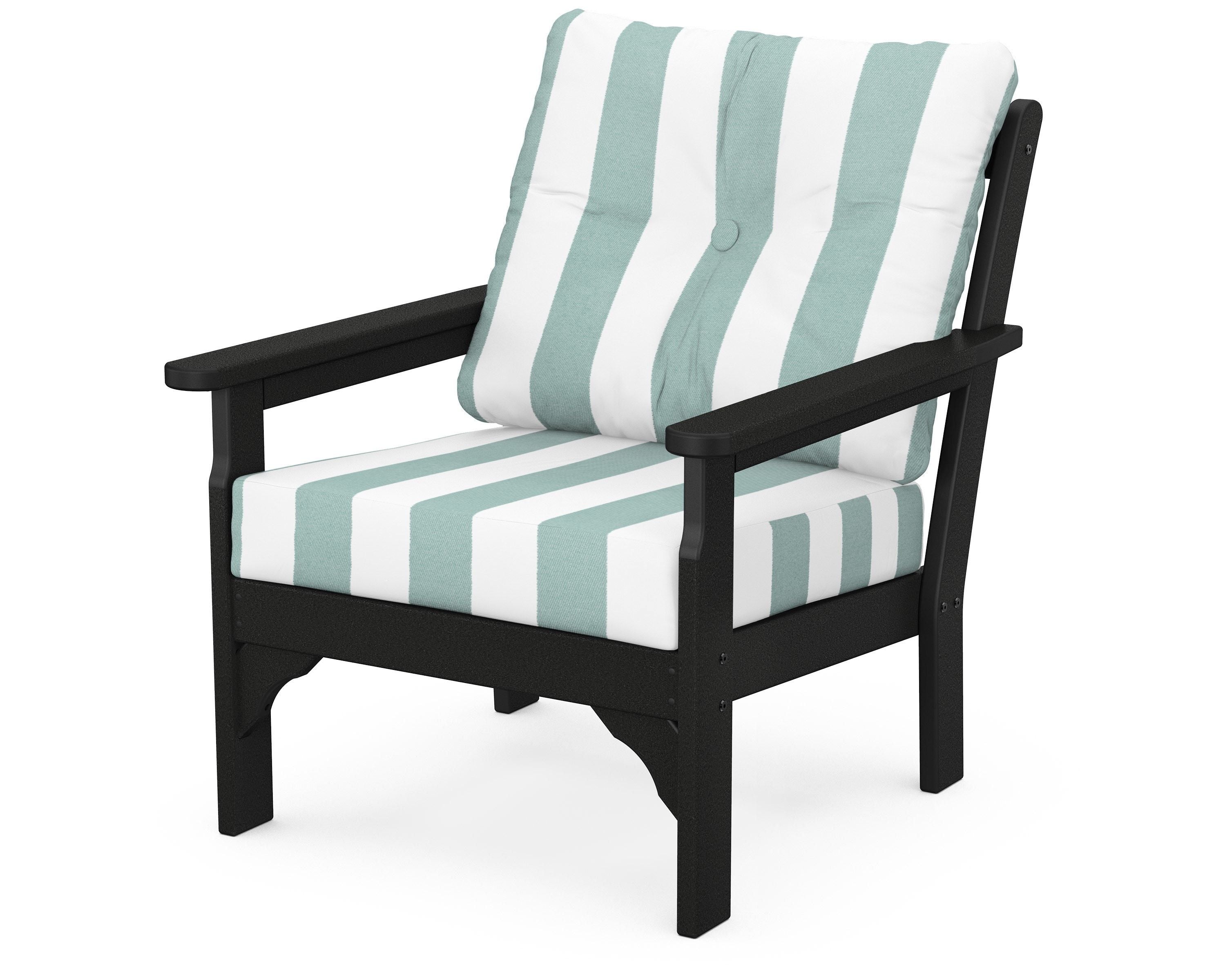 POLYWOOD® Vineyard Deep Seating Chair in Black / Cabana Stripe Glacier Spa