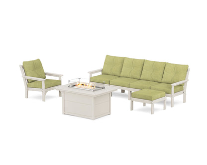 POLYWOOD® Vineyard Sectional Lounge and Fire Pit Set in Sand / Chartreuse Boucle