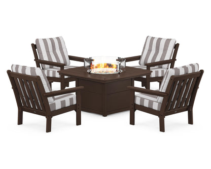 POLYWOOD® Vineyard 5-Piece Conversation Set with Fire Pit Table in Mahogany / Cabana Stripe Grey Mist