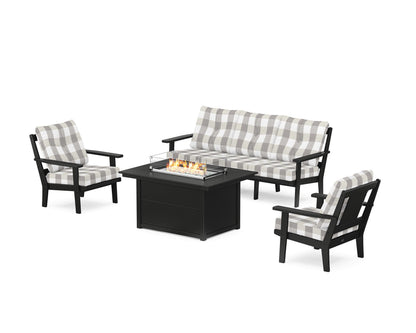 POLYWOOD® Prairie Deep Seating Fire Pit Table Set in Black / Buffalo Plaid Grey Mist