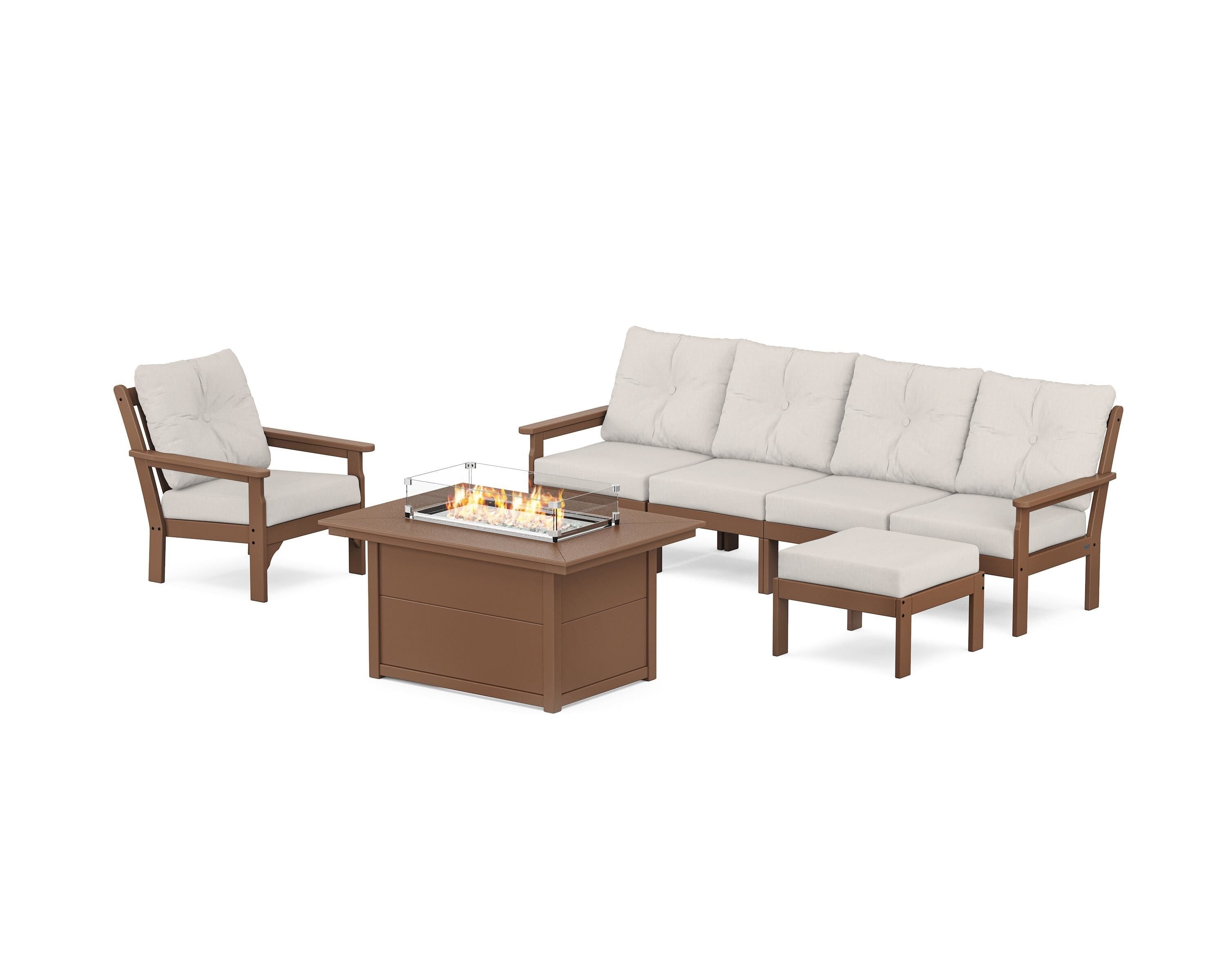 POLYWOOD® Vineyard Sectional Lounge and Fire Pit Set in Teak / Cast Ash