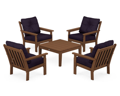 POLYWOOD® Vineyard 5-Piece Deep Seating Conversation Set in Teak / Navy Linen