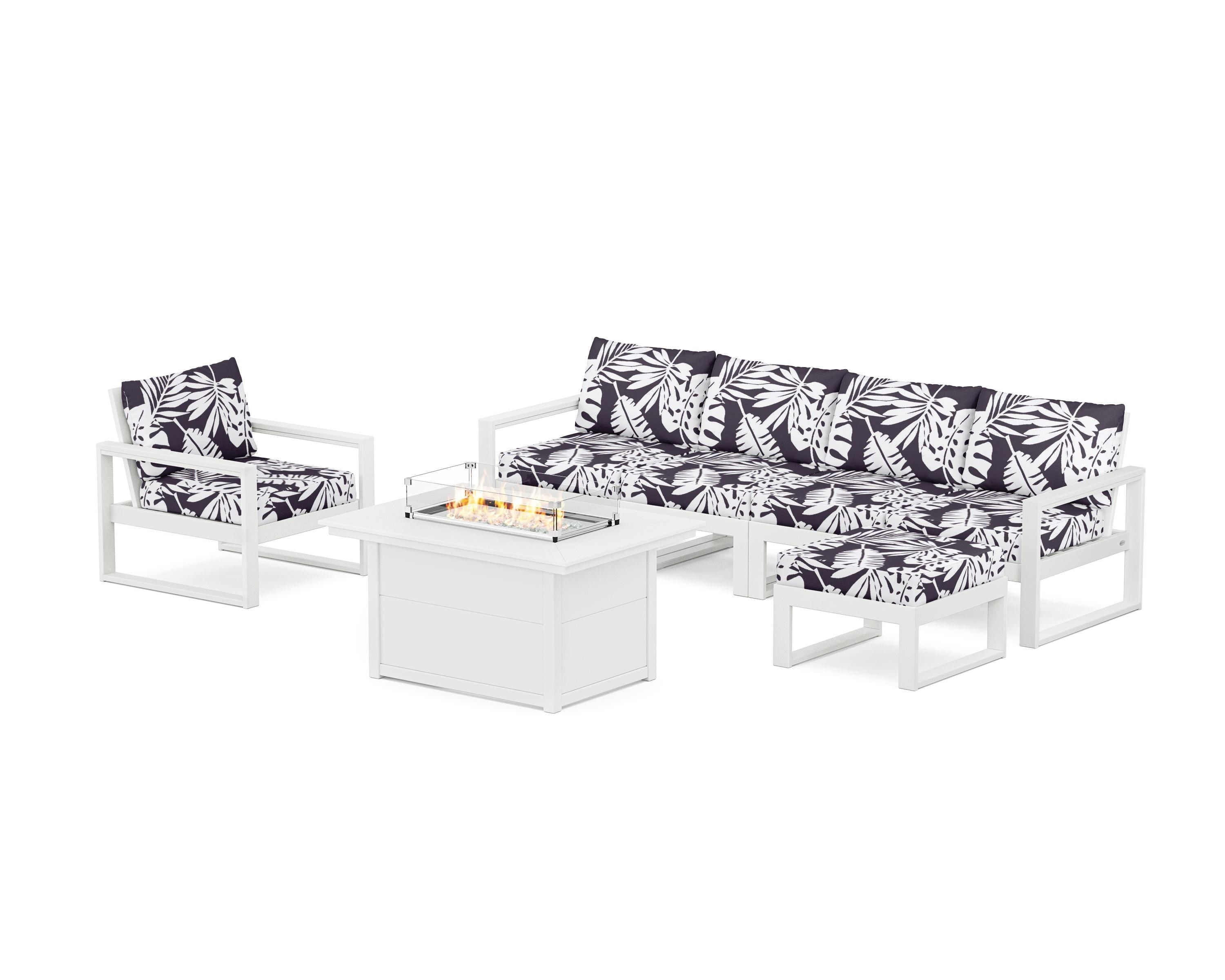POLYWOOD® EDGE Sectional Lounge and Fire Pit Set in White / Leaf Navy