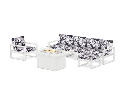 POLYWOOD® EDGE Sectional Lounge and Fire Pit Set in White / Leaf Navy