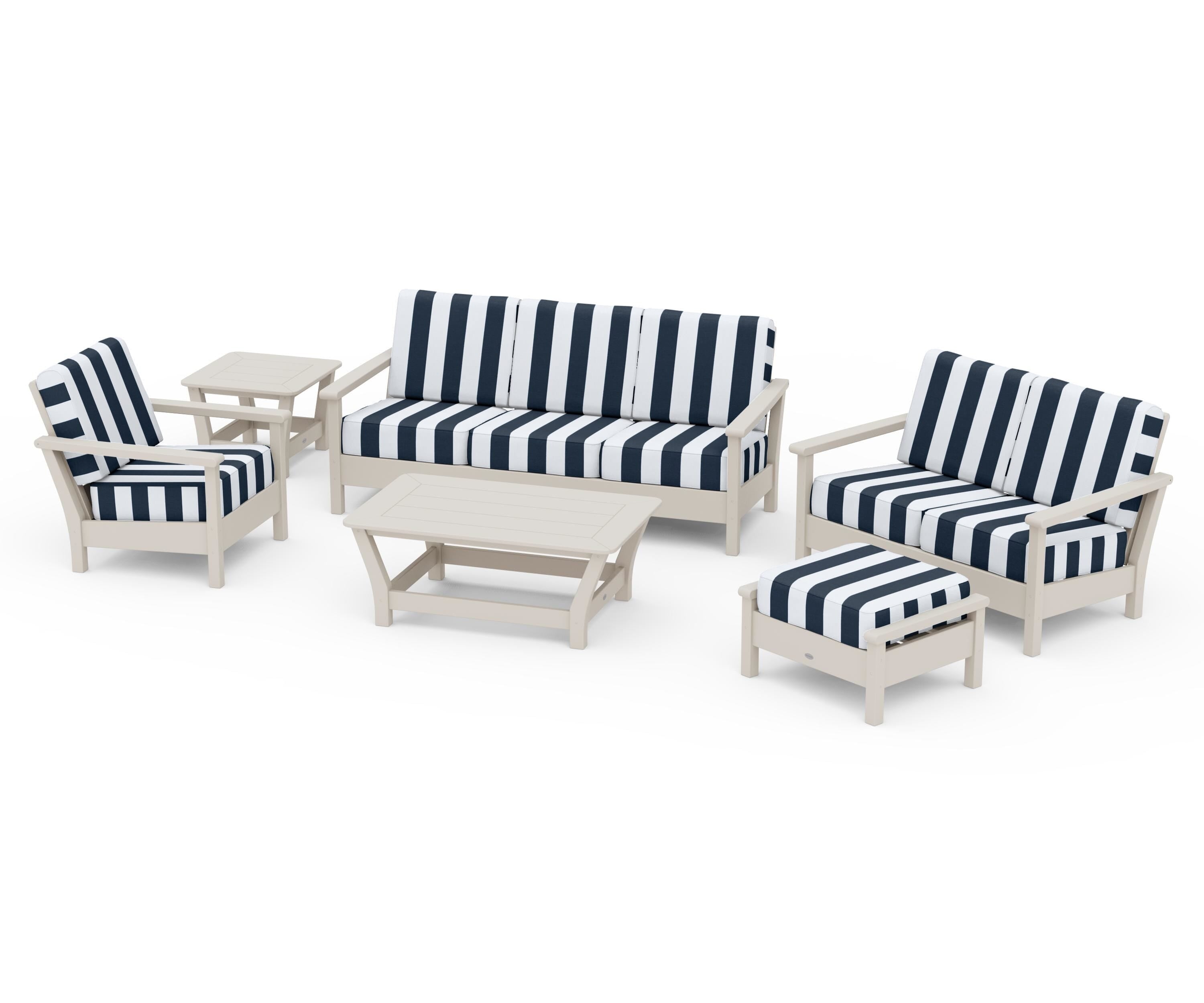 POLYWOOD® Harbour 6-Piece Outdoor Living Set in Sand / Cabana Stripe Marine Indigo