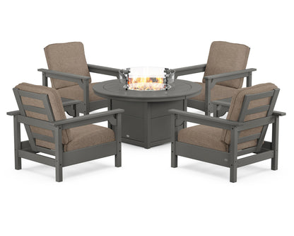 POLYWOOD® Club 5-Piece Conversation Set with Fire Pit Table in Slate Grey / Spiced Burlap