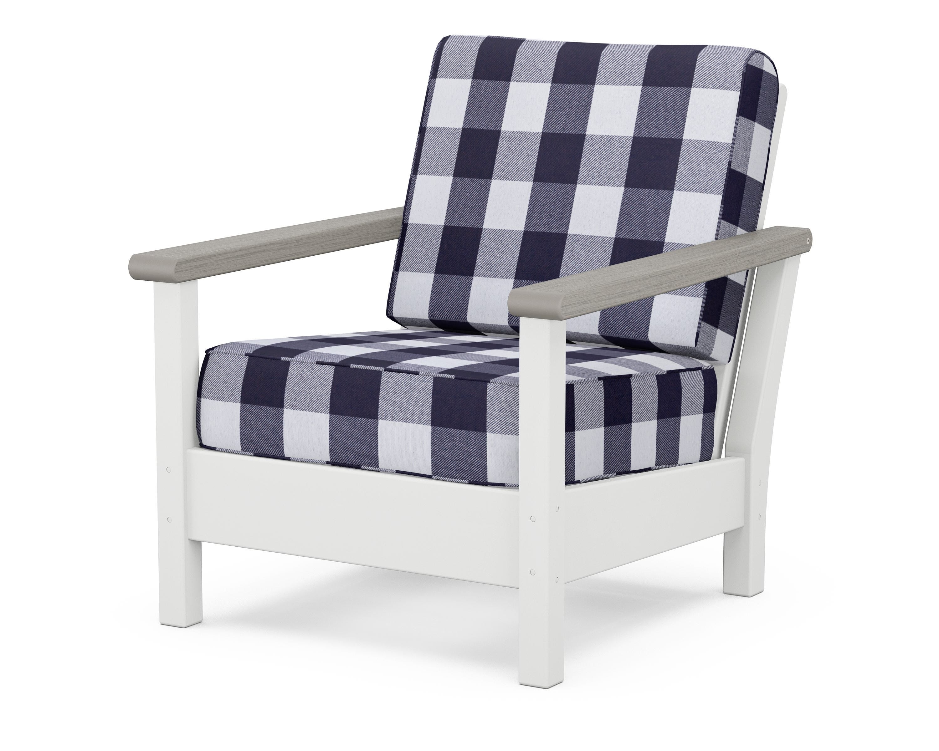 POLYWOOD® Harbour Deep Seating Chair in White / Driftwood / Buffalo Plaid Navy
