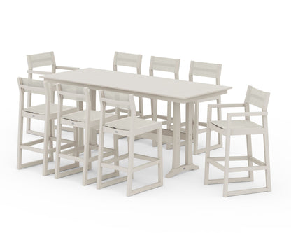 POLYWOOD® EDGE Sling 9-Piece Farmhouse Bar Set with Trestle Legs in Sand / Parchment Sling